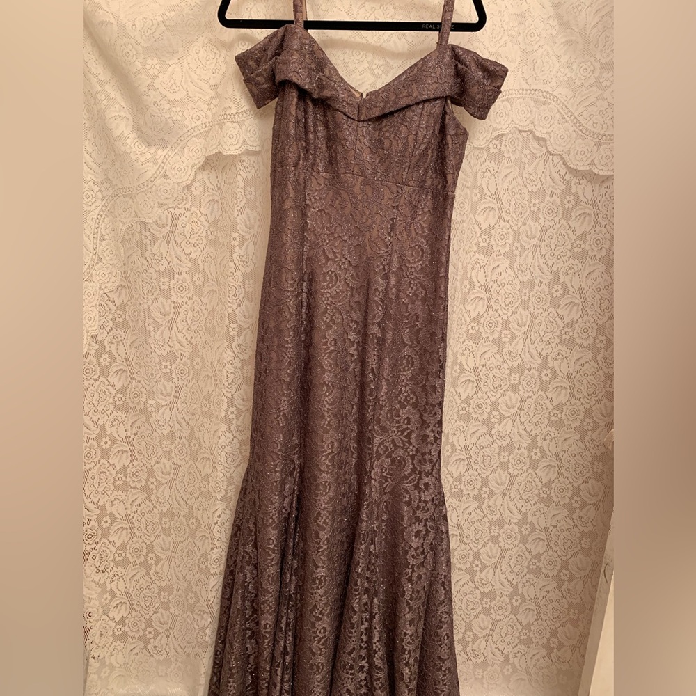 Elegant Off-Shoulder taupe Lace Dress
